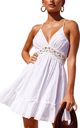 Image of ECOWISH Summer Dresses for Women 2026 V-Neck Spaghetti Strap Bowknot Backless Sleeveless Lace Mini Swing Skater Dress