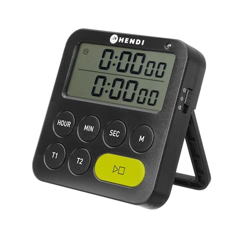 HENDI Küchentimer doppelt, digital, 2 unabhängige Zeiten, 3 Alarmeinstellungen, Stoppuhr, ausklappbarer Ständer, Aufhängeloch, magnetisch, LED-Beleuchtung, digitaler Timer, 82x20x(H)86mm, ABS