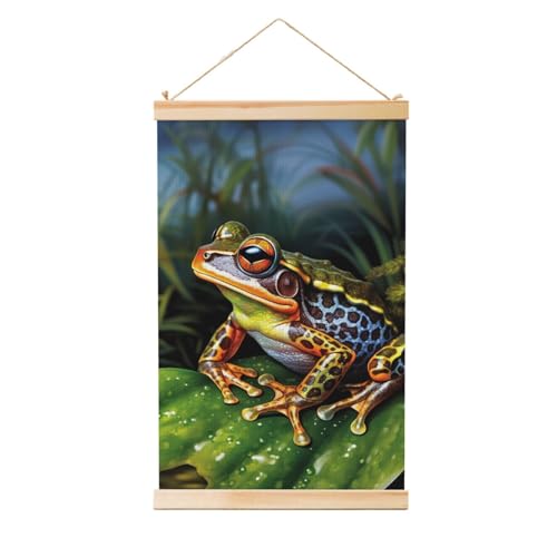Impression sur toile grenouille tropicale avec cintre en bois pour art mural vintage 91x61 cm