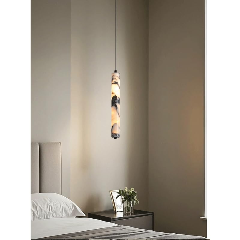 Lustre LED en pierre naturelle noire cylindrique pour salon haut de gamme