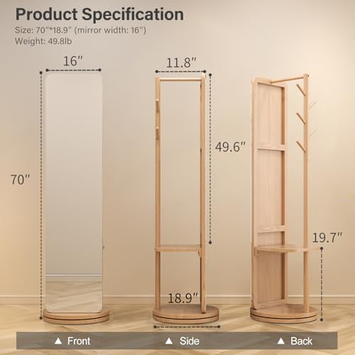 Image of AnywaysWood 70 inchx19 inchFull Length Mirror with Stand,Coat Rack with Mirror,Solid Wood Floor Mirror,Swivel Mirrorfor Bedroom, Living Room, Cloakroom