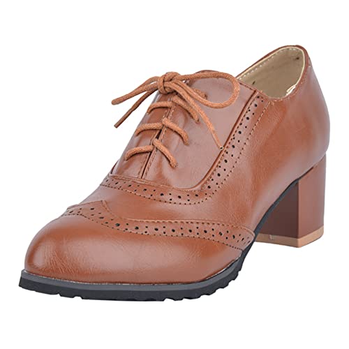 SJJH Damen Brogue Pumps mit Blockabsatz (Brown, 35 EU)