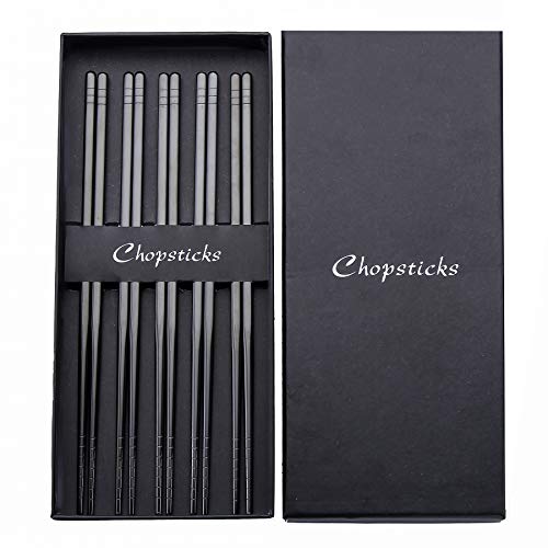 Black Chopsticks Reusable Stainless Steel Chopsticks with Case For Chinese Rice Hotpot Japanese Sushi Korean Cuisine, 5 Pairs Nonslip Dishwasher Safe
