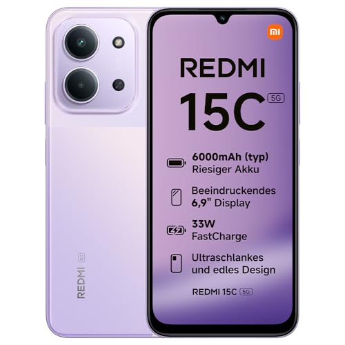 Xiaomi REDMI 15C 5G, Smartphone 4+256GB, 6,9' 120Hz Display, MediaTek Dimensity 6300 Prozessor 6nm Octa-Core, 50MP KI-Dualkamera, 6000mAh, Dämmerungslila