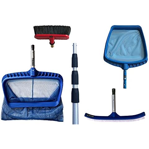 FenWi 6m Komplett Set zur Pool und Teich Reinigung und Pflege / 2X Kescher und 2X Bürste/Teleskopstange mit Oberflächenkescher Tiefenkescher Poolbürste Teichbürste Cover