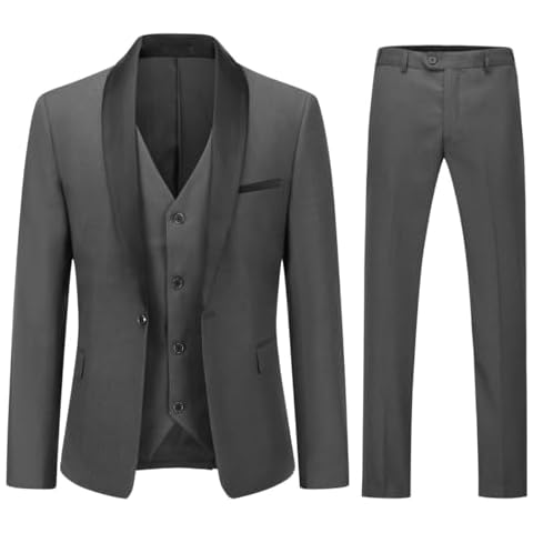 YOUTHUP Mens Suits Slim Fit 3 Piece Suit Shawl Lapel Wedding Dinner Tuxedo 1 Button Blazer Pants Vest Cover