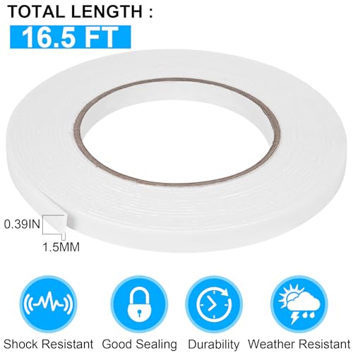 Image of Double Sided Foam Tape 0.39In x 16.5FT, Mounting Tape Heavy Duty, Strong Adhesive Weatherproof Seal Strips for DIY Craft Picture Poster, Car & Gap Filling Mountings, Home Office Decor (White)