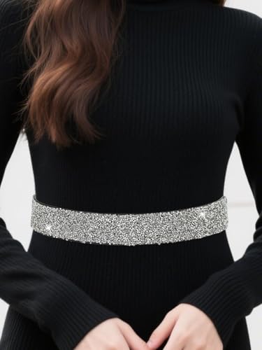 Urieo Bling Rhinestone Stretchy Belt Crystal Silver Elastic Belts Wide Formal Dress Waist Cinch Belt for Women4