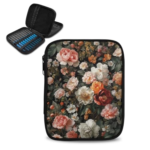 Hudotybom Multicolored Rose Crochet Hook Case Crochet Hook Holder Portable Storage Bag with Web Pockets Suitable for Needles/Knitting Accessories