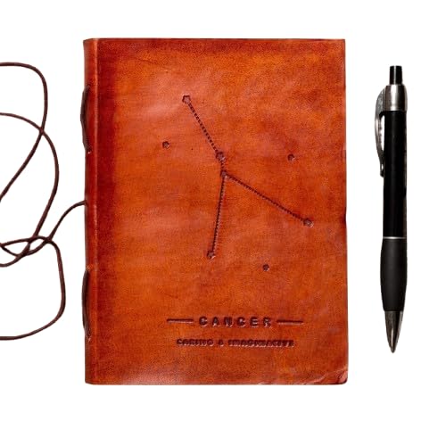 Soothi Zodiac Handmade Antique Leather Journal, Vintage Refillable Writing Diary, Rustic Travel Notebook, Unlined Sketchbook, Personalized Astrology Gift for Men & Women – Cancer, 7''x5''