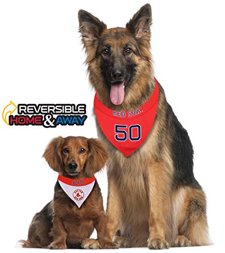 Image of Pets First MLBPA Reversible Dog Cat Bandana - Mookie Betts #50 Pet Bandana - MLB Boston Red Sox Home & Away Bandanna, Small /Medium