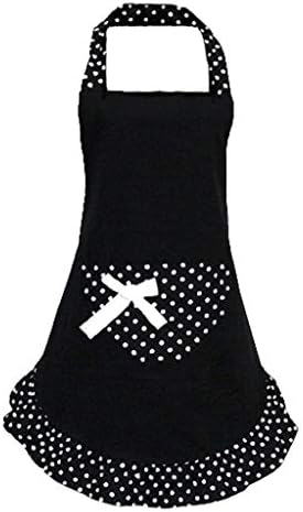 vmree Women Polka Dot Halter Ruffles Apron with Pocket Japanese Housework Lady's Kitchen Restaurant Wrap Pinafore Dinner Cooking Dishwashing Dress Ideal Gift for Mom Granny (Black)