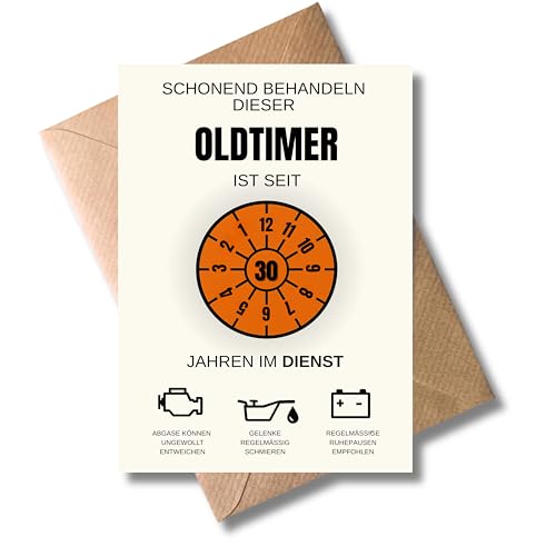 WBdesignz Jubiläum Arbeitskarte „Schonend behandeln diesen Oldtimer“ - 30 Jahre im Dienst Glückwunschkarte für Kollegen & Mitarbeiter mit Auto-Motiv und Wartungshinweisen inkl. Umschlag (DIN A6)