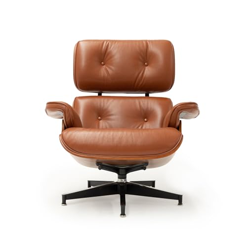 Image of Top Black Grain Leather, Mid Century Chaise Lounge Chair and Ottoman, Modern Chair Classic Design, Walnut Wood, Heavy Duty Base Support for Living Room Study Lounge Office (Walnut-brown, Upgraded)
