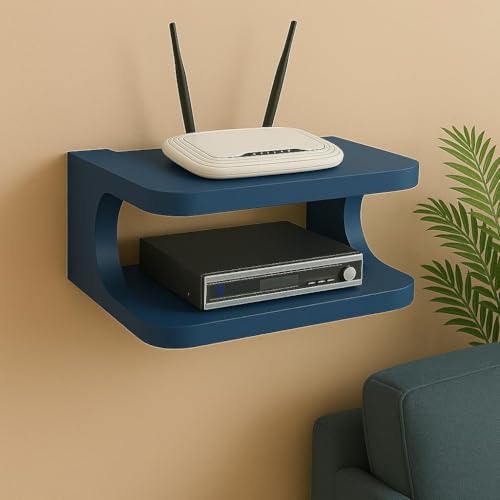Image of Wall Shelf for WiFi Router & Set Top Box MDF Floating Wall Mount Shelf for Living Room Bedroom Office | Cable Management Organizer Rack for Modem DTH Gaming Console Storage | Blue