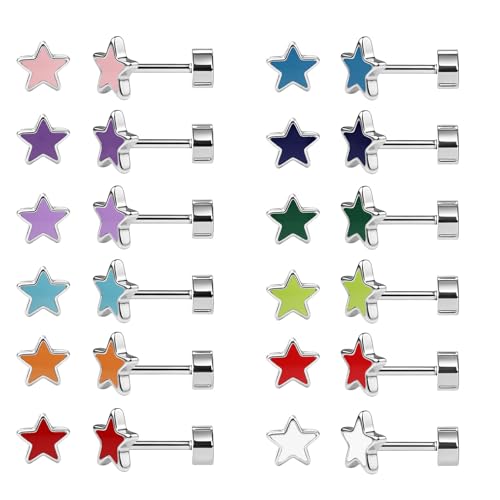 Image of JMFENFA 12 Pairs Enamel Round Star Square Hexagon Stud Earrings Stainless Steel Flat Screw Back Stud Earrings for Women (Silver star flatback)