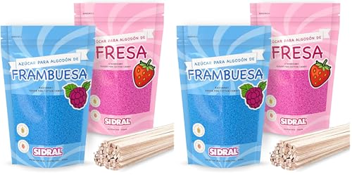 SIDRAL Azucar para Máquina Algodón (2x 250 gr) con 25 Palitos Reciclables para Degustación - Lote de 2 Sabores (Fresa, Frambuesa), Azúcar para Algodón de Azúcar - Ideal para Fiestas (Paquete de 2)
