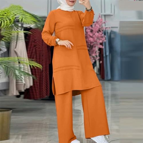 Image of Abayas Dress For Women Muslim Long Sleeve Loose Top Pants 2 Pcs Dubai Islamic Muslim Women Matching Sets