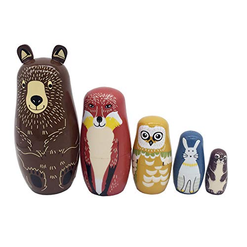 EchoDone 5 pcs Aminal Nesting Dolls Bear Wooden Matryoshka Dolls for Kids Handmade Cute Cartoon Animals Pattern Russian Nesting Doll Toy Children's Day Gift