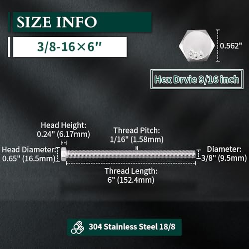 Image of 3 /8-16 x 6 Hex Head Bolts Screws, 304 Stainless Steel 18-8, Fully Threaded, Hexagon Head Cap Bolts Screws, Coarse Thread UNC, 6 PCS