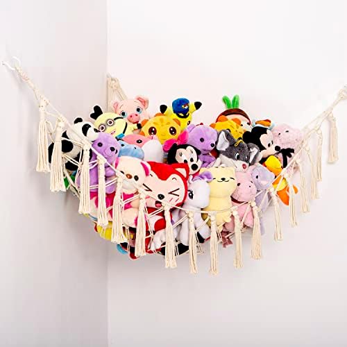 YKBU Stuffed Animals Storage Hammock Toy Organizer Corner Hanging Net Macrame Toy Hammock Plush Toy Holder Boho Decor for Nursery Playroom Bedroom Kids Room