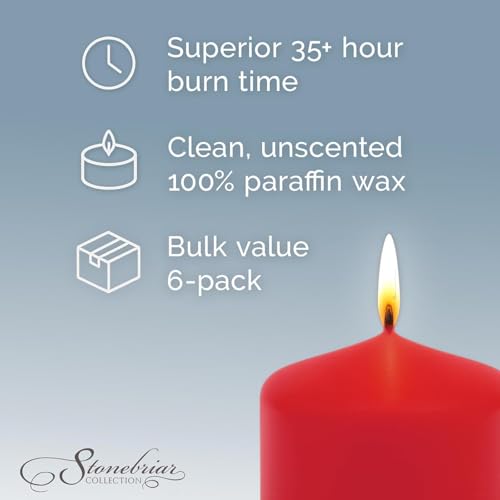 Image of Stonebriar Unscented Pillar Candles - 35 Hour Burn Time, Long-Lasting Wax Candles for Weddings, Holidays, Home Decor & Special Events, Pack of 6, Red, 3 inch x 4 inch