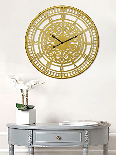 Image of CHRONIKLE Classic Round Golden Color Metal Case Analog Black Needle Roman Numbers Wall Clock for Living Room Home Decor Office Gifts (Size: 54 x 1 x 54 CM | Weight: 1380 Gram)