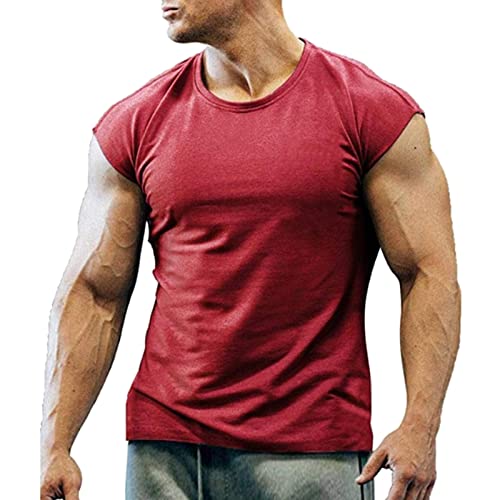 Mens Short Sleeve Henley Muscle T-Shirt - Casual Button Placket Solid Color Top, Soft Cotton Blend for Gym & Streetwear Red XL