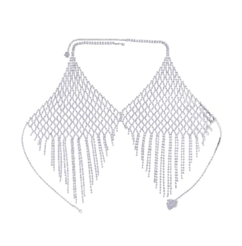 Körperkette Brustkette Glitzernde Strassfransen-BH-Kette Kristall-Bikini-Brust-Schmuck-Dessous Body Chain Frau Sexy Nachtclub-Kleidung (Silber)