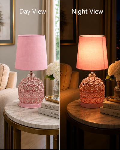 Image of Homesake Modern Small Crystal Table Lamp, Contemporary Bedroom Bedside Nightstand Lamp, Morden Minimalist, Desk Globe Lamp for Living Room Girls Kids Room, Fabric Shade (Pink)