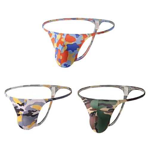 Men's Camouflage Micro Mesh Elastic T-Back Bikini Sexy Low Waist thong Green/Yellow/Orange 3-Piece