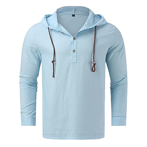 Image of Classic Regular Fit Casual Shirt Button-Down Collar Breathable Fabric for Daily Wear, Machine Washable Fashion Casual Solid Color Casual Button Hooded Shirt Top Blue