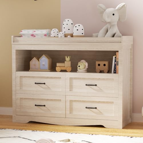 Image of 47.2 inch Beige Nursery Dresser with 4 Drawers and 1 Open Shelf Changing Table Dresser with Changing Table Top Diaper Changing Station with Storage for Nursery Children's Room