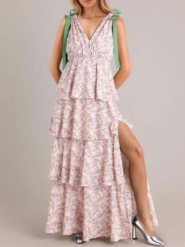 Image of Wenrine Womens Summer Floral Maxi Dress Tie Strap Sleeveless V Neck High Slit Boho Ruffle Tiered Beach Dresses