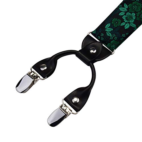 Image of GUSLESON Adjustable Plaid Floral 6 Clips Y Shape Suspenders Pre-tied Bow Tie and Pocket Square Set with Gift Box