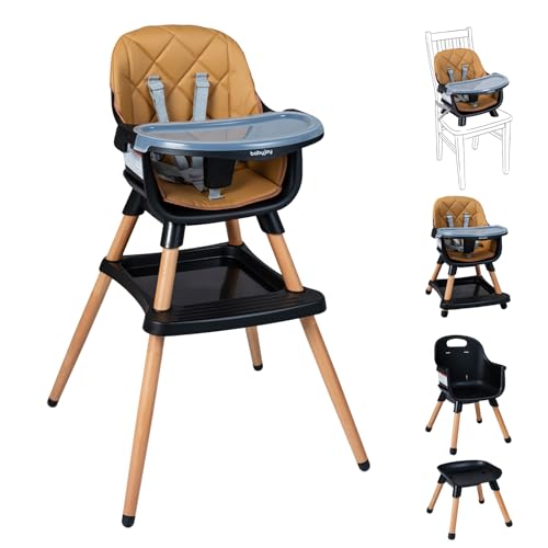 BABY JOY 8-in-1 High Chair Convertible Wooden Highchairs for Babies and Toddlers | Dining Booster Seat | Toddler Stool Double Removable Tray 5-Point Safety Harness & Waterproof PU Cushion (Coffee)