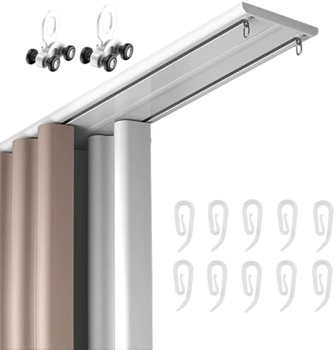 Ceiling Mount Double Curtain Track with Pulley & Hooks, Heavy Duty Drapery Rails for Living Room & Bedroom Room Dividers, 150cm (58.8in) - White