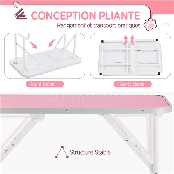 Abician Table de Toilettage pour Chien/Chat/Animaux Table de Toilettage Portable avec Potence Réglable Sangle Plateau Antidérapant 80,5× 46 × 76 cm Charge Maximale de 100 kg Rose