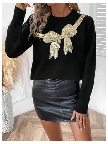 MakeMeChic Women's Bow Sweater Sequin Long Sleeve Crew Neck Knitted Fall Sweaters3