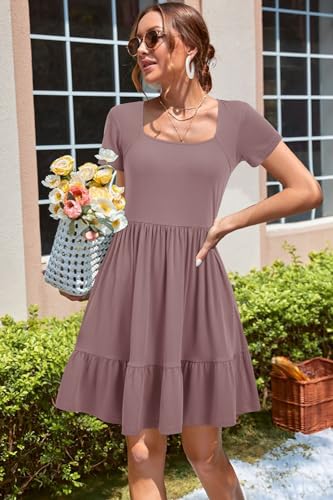 Image of Newshows Women's 2026 Summer Casual Square Neck Ruffle A Line Beach Vacation Sundress Work Business Dress with Pockets