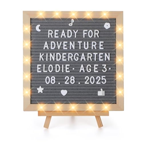 Light up Changeable Felt Letter Board Sign with LED Lights - Back to School Supplies, 10×10in Message Board Wall Mounted with Tripod Stand 450 Letters for Dorm Decor, Grey