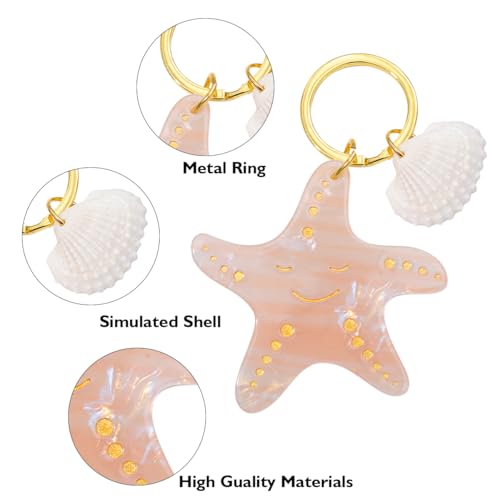 Ocean Starfish and Shell Keychain, Pink Pearl with Gold Accents