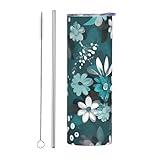 WBQLSL Taza de bebida práctica con diseño floral, color verde azulado y blanco, para deportes al aire libre, ciclismo, oficina, 591 ml, de acero inoxidable, respetuosa con el medio ambiente