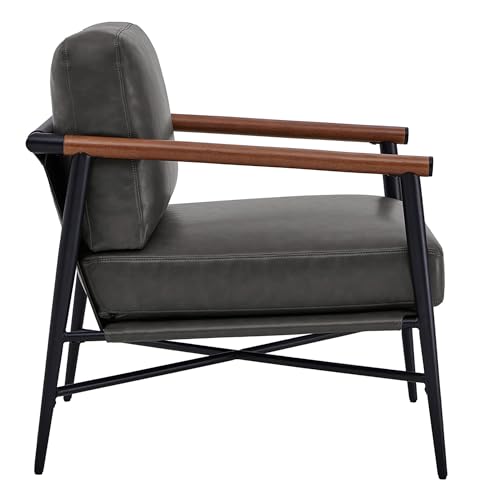Image of Watson & Whitely Accent Chairs Set of 2, Mid Century Arm Chair for Living Room Bedroom, Modern Reading Chair Upholstered Lounge Armchair with Metal Frame & Wooden Armrests, Faux Leather in Grey