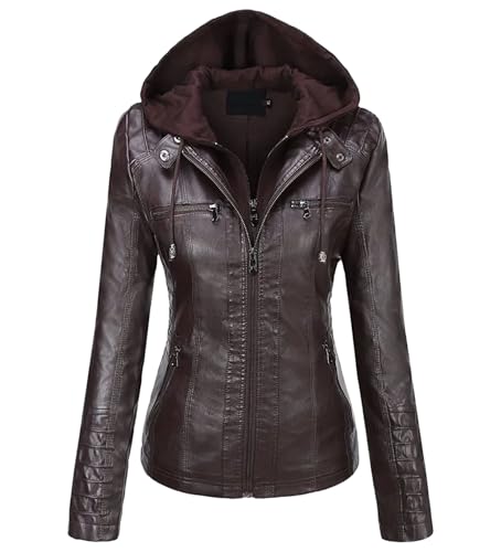 Hooded Leather Jacket Removable Leather Jacket for Women Spring Fall Women Pu Washed Leather Outwear