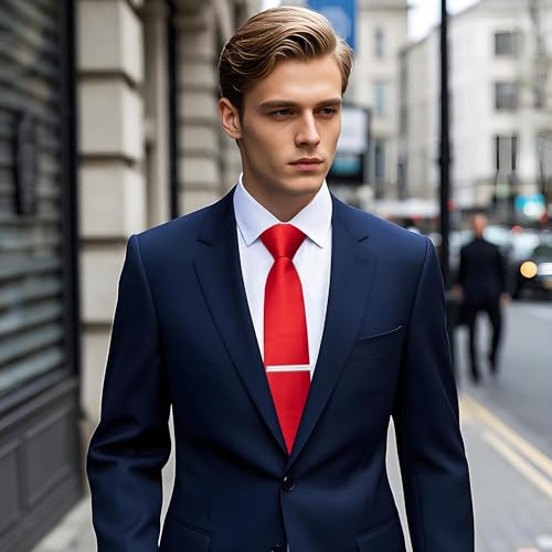 Image of YourTies Skinny Ties for Men Satin 2.4 inch Slim Necktie with Pocket Square Tie Clip Set Solid Color Wedding Party Business