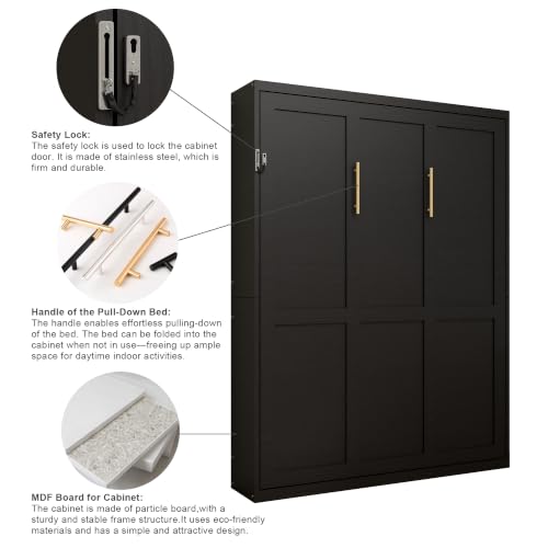 Image of KEIKI Queen Size Vertical Cabinet Murphy Bed with Solid Slats, Black | Multifunctional Foldable Hideaway Wall Metal Bed Frame, No Box Spring Needed, Easy Assembly, for Bedroom, Guest Room