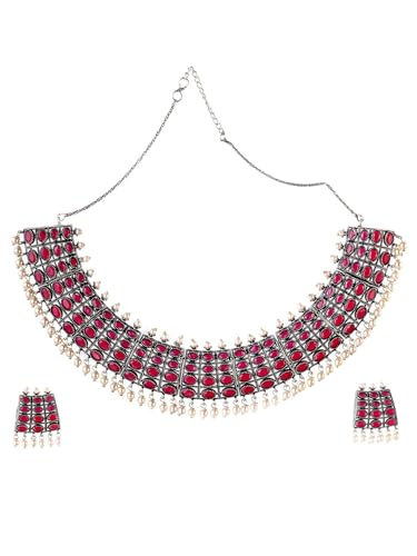 Juego de joyas de plata oxidada DMZ-2853 un regalo sofisticado con piedras rojas y blancas
