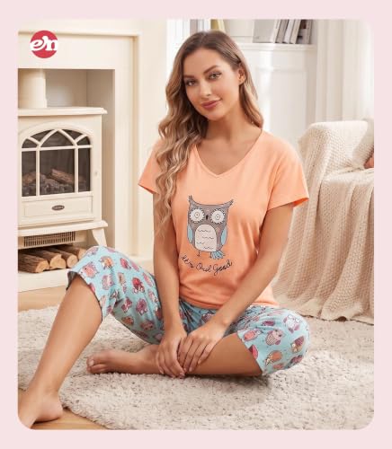 Image of ENJOYNIGHT Womens Pajama Sets Cotton Pj Set Short Sleeve Top With Capri Pants Sleepwear 2 Piece Lounge Set