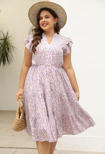 Image of Keluummi Plus Size Midi Dress for Curvy Women Wedding Guest Summer Floral Empire Waist Short Sleeve with Pockets
